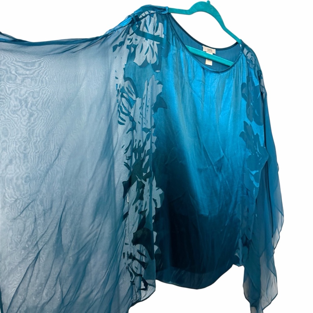 Vintage Cache Flutter Sleeves Teal Silk Blend Sheer Blouse with Tie Waist - Picture 6 of 11